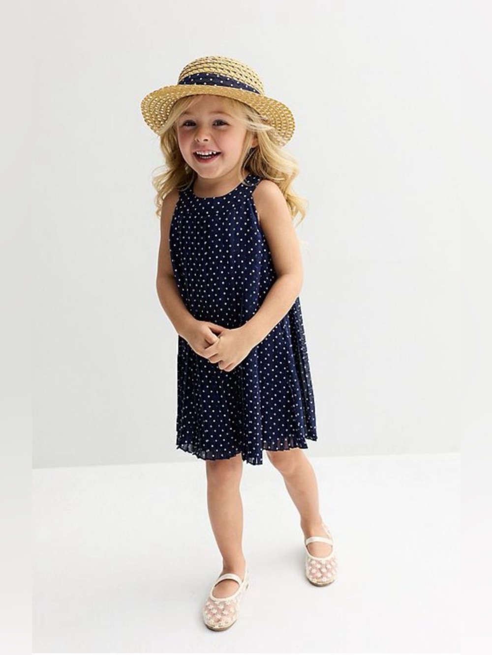 Blueberi Boulevard Girls Navy Polka Dot Dress & Matching Sun Hat Set
